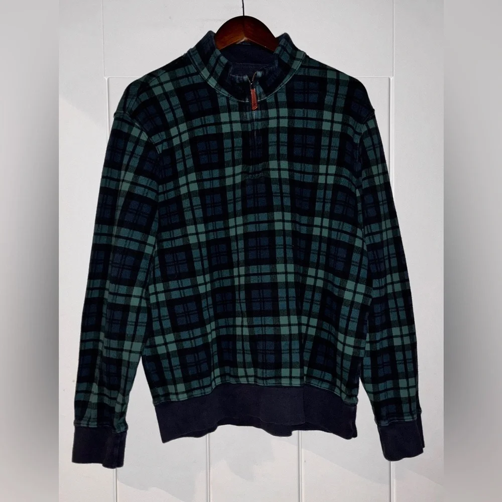 Lands' End Bedford 1/4 Rib Brush‎ Knit Green Blue Plaid Sweater Men L Dadcore